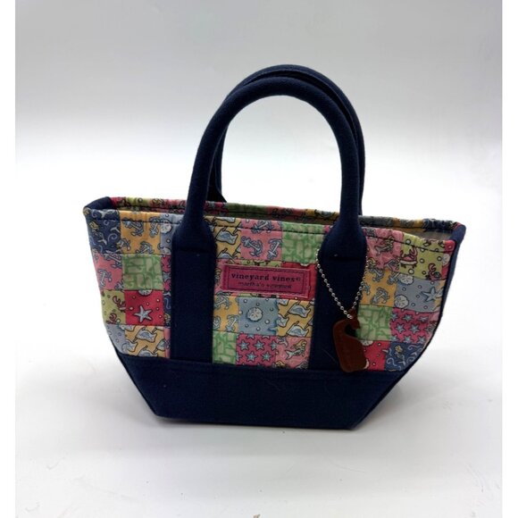Vineyard Vines Mini Roxbury Multicolor Patchwork Canvas Tote Bag With Navy Handl - Picture 1 of 12